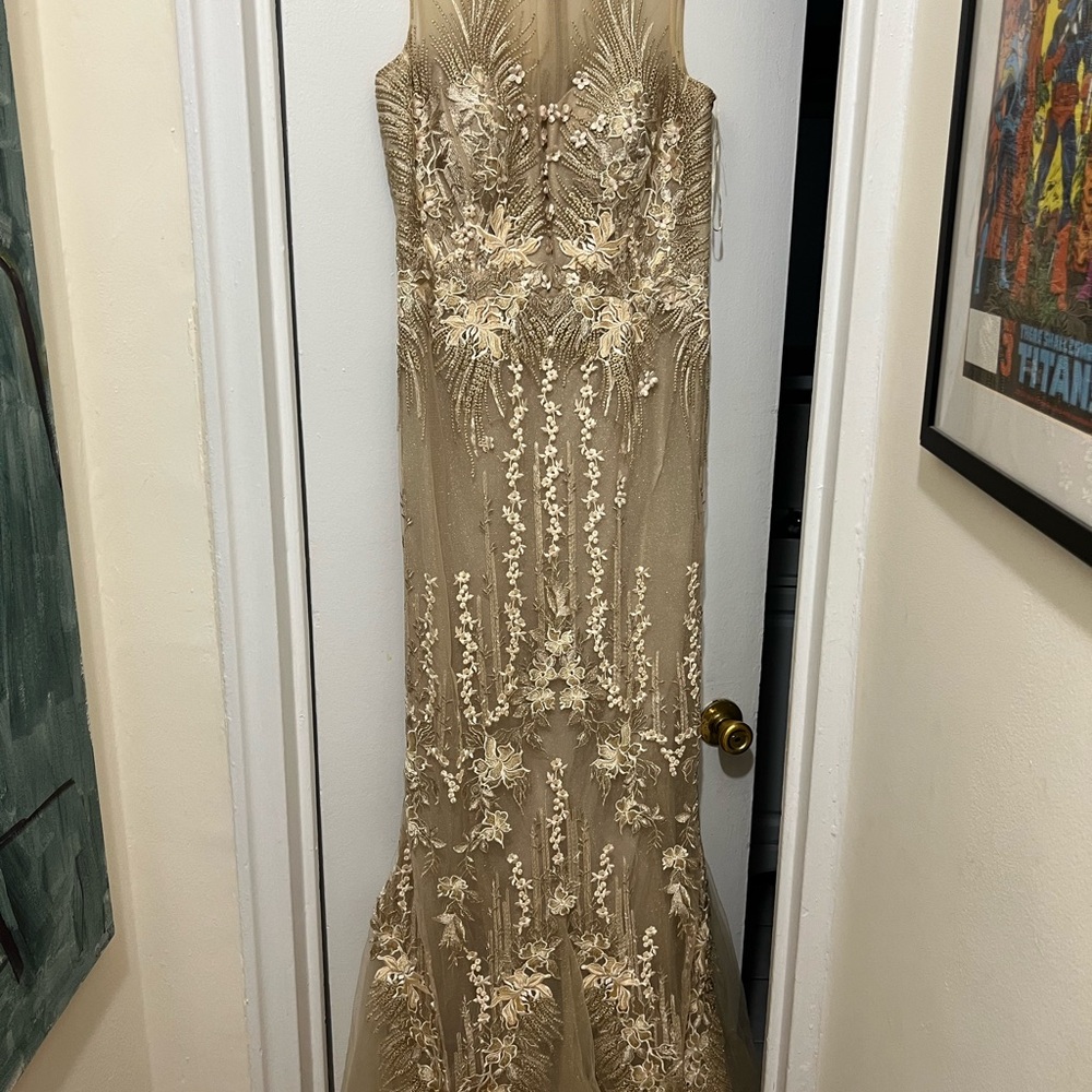 Rickie Freeman for Teri Jon Beige Floral Embroidered Sequin Gown